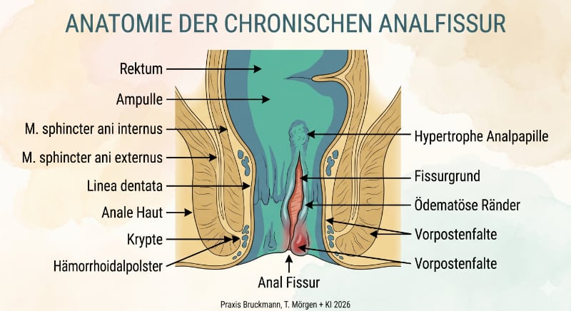 Anatomie einer Analfissur im Analkanal und der angrenzenden Beckenbodenmuskulatur analfissur 800 600 web