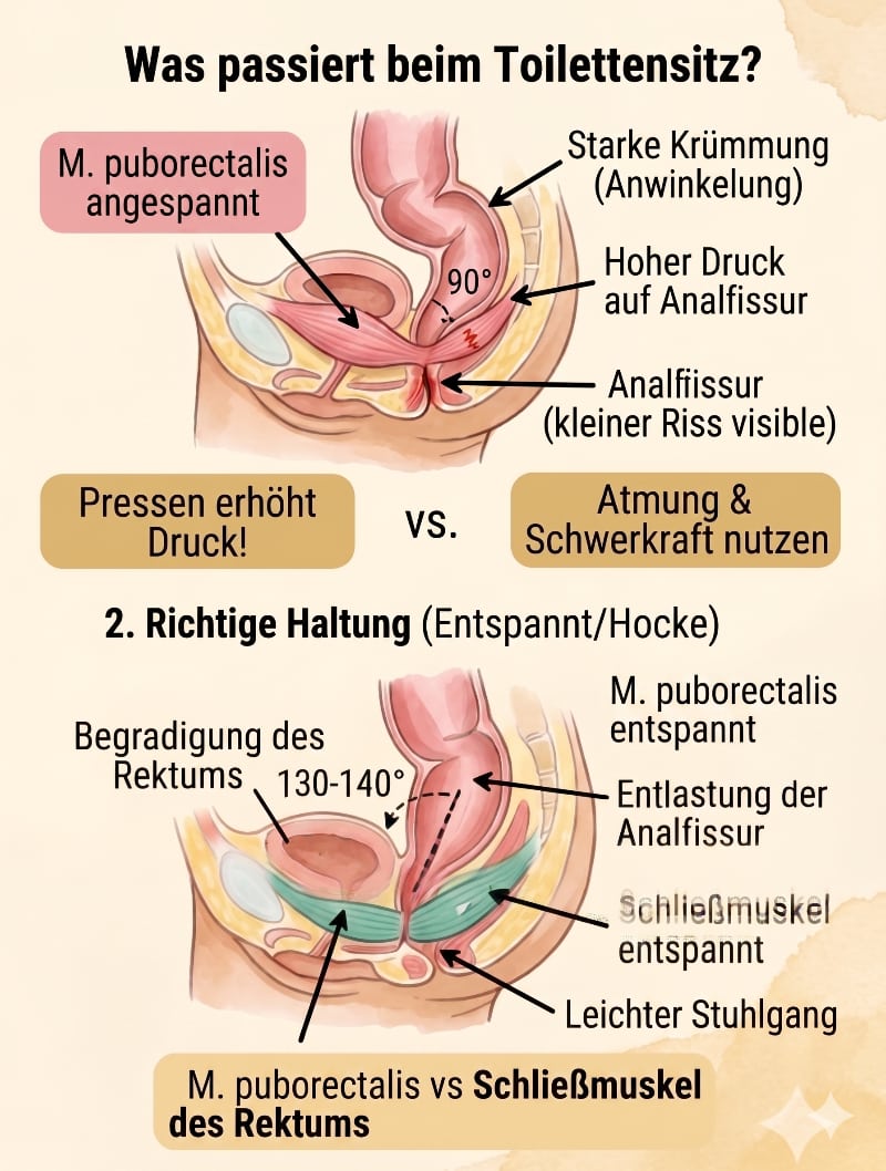 Warum eine "richtige" Toilettenhaltung zur Entspannung des Beckenbodens bei einer Analfissur helfen kann Warum eine "richtige" Toilettenhaltung zur Entspannung des Beckenbodens bei einer Analfissur helfen kann